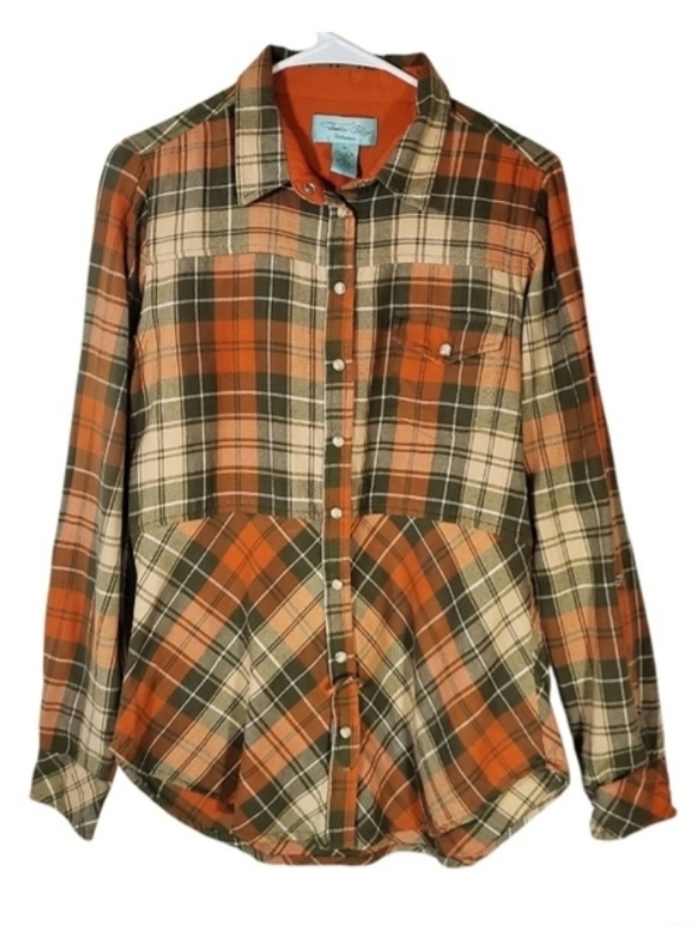 7549 * Tasha Polizzi Plaid Pearl Snap Button Down Orange Green Size M